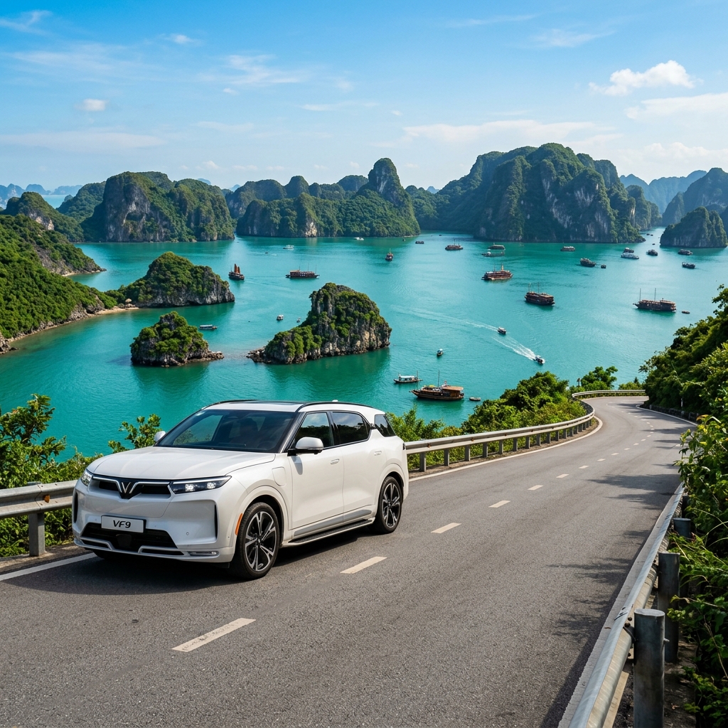 Hình minh họa xe và cảnh vịnh Hạ Long